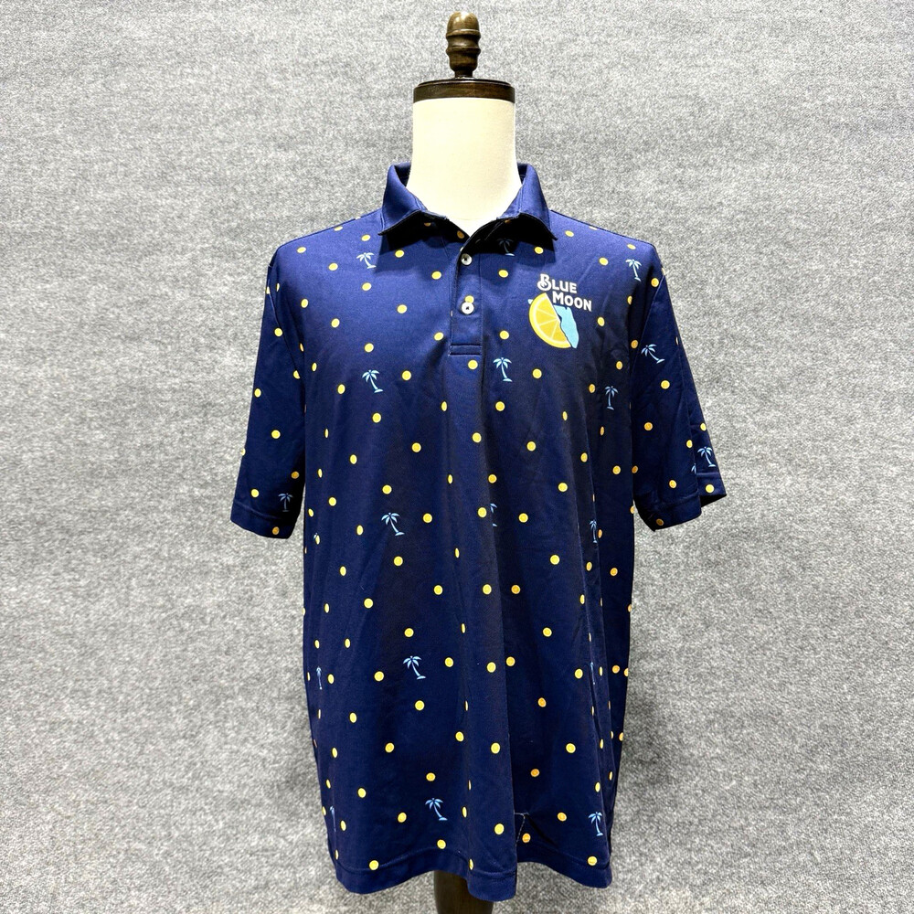Blue Moon Beer Polo Shirt Mens XL Navy Orange Palm Tree Tropical Golf Breweriana